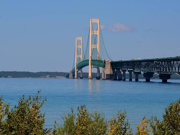 Michigan Poster featuring the photograph Mackinac Bridge on a Sunny Afternoon by Keith Stokes