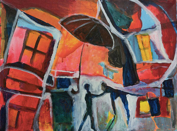 Red Painting Poster featuring the painting Making Friends Under the Umbrella by Susan Stone
