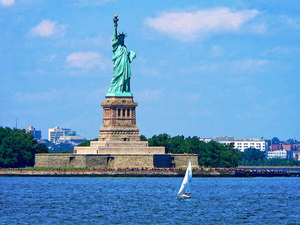 Boat Poster featuring the photograph Manhattan - Sailboat By Statue of Liberty by Susan Savad