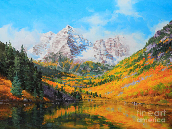 Snowy Maroon Bells Golden Aspen Forest Tree Poster featuring the painting Maroon Bells by Gary Kim