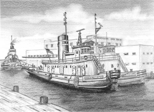 Tug Poster featuring the drawing McAllister Tugs at Cold Storage Pier by Vic Delnore