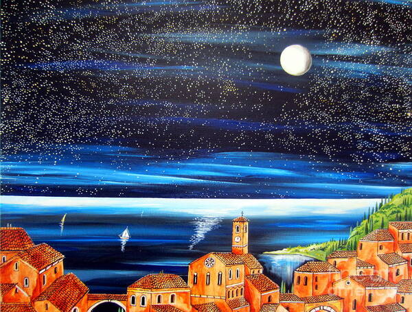 Moon Poster featuring the painting Moon and Stars over the Village by Roberto Gagliardi