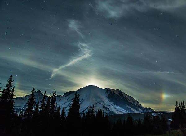 Moonset Poster featuring the photograph Moonset on Mt. Rainier by Angie Vogel