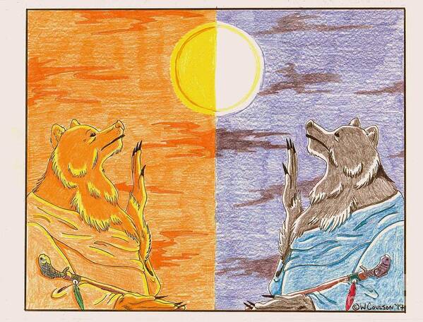 Bears Poster featuring the drawing Morning Bear Greets the Sun, Evening Bear Greets the Moon by Wendy Coulson
