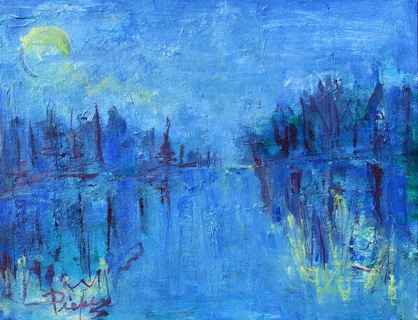 Blue Abstract Of Water And Trees Poster featuring the painting Morning on the Point by Betty Pieper