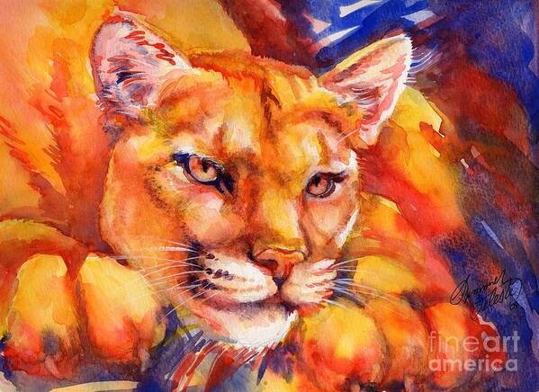 Mountain Lion Poster featuring the painting Mountain Lion Red-Yellow-Blue by Summer Celeste