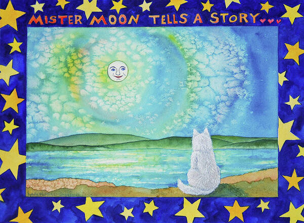 Moon Poster featuring the painting Mr Moon Tells A Story by Lynda Hoffman-Snodgrass