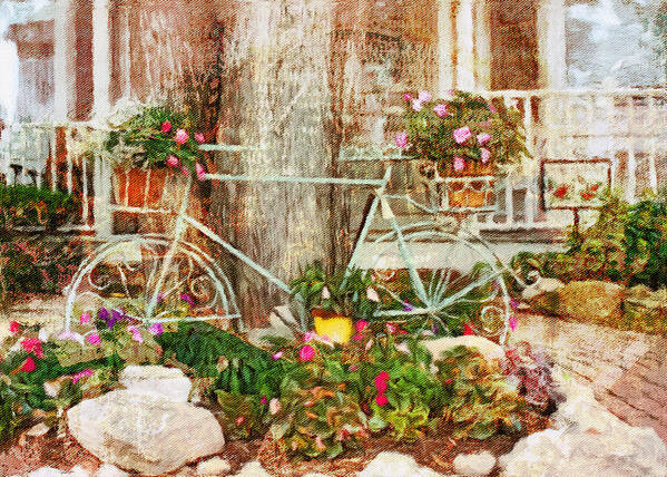Garden Tree Flowers Lawn Decoration Flora Front Porch House Grand Island Mode Of Transportation Bike Bicycle Rocks Sidewalk Vintage Red Yellow Green Old Bricks Midwest Poster featuring the photograph My Old Bike by Diane Lindon Coy