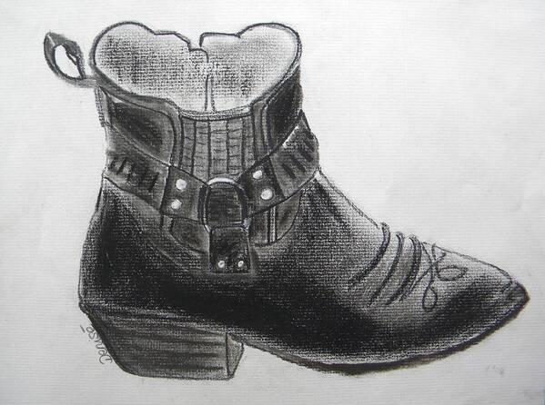 Black Poster featuring the drawing My Right Boot by Denise Hills