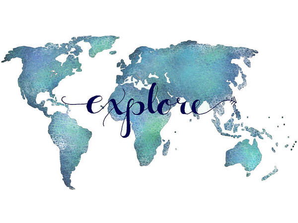 Explore Poster featuring the digital art Navy and Teal Explore World Map by Michelle Eshleman
