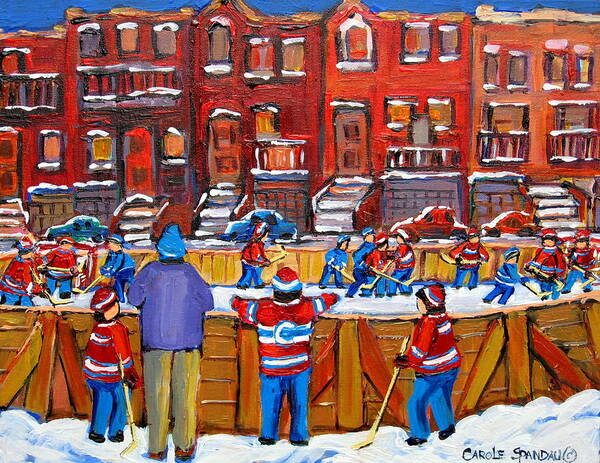 Hockeygame At The Neighborhood Rink Poster featuring the painting Neighborhood Hockey Rink by Carole Spandau