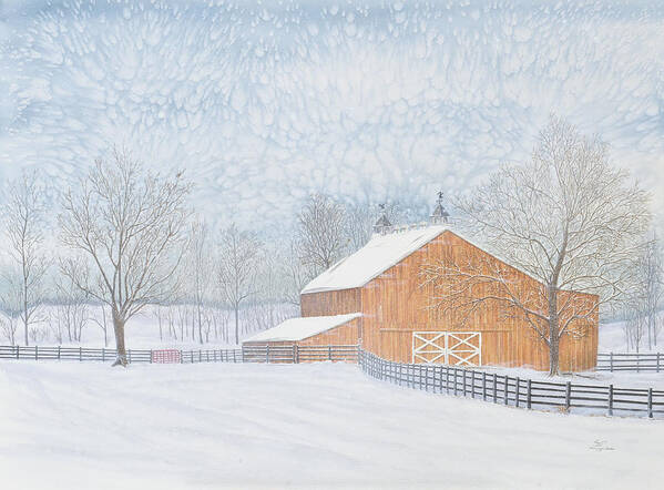 Barn Poster featuring the painting New Barn in Snowstorm by Sam Davis Johnson
