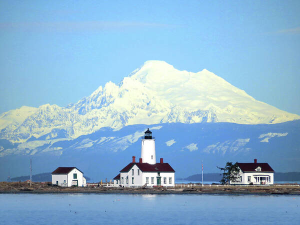 New Dungeness Lighthouse Poster featuring the photograph New Dungeness Lighthouse - Mount Baker by Marie Jamieson