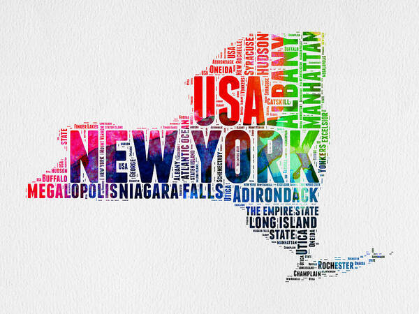 New York Poster featuring the digital art New York Watercolor Word Cloud map by Naxart Studio