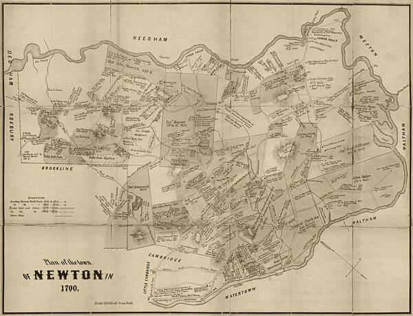 Newton Poster featuring the digital art Newton MA city plans from 1700 sepia by Toby McGuire