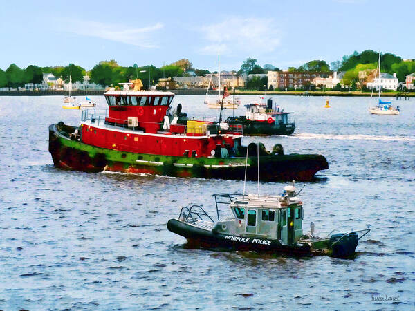 Boat Poster featuring the photograph Norfolk VA - Police Boat and Two Tugboats by Susan Savad