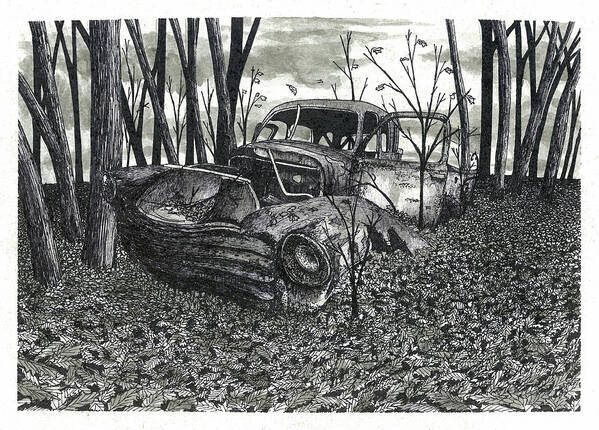 Abandoned Car Poster featuring the drawing November Discoverries by Jonathan Baldock