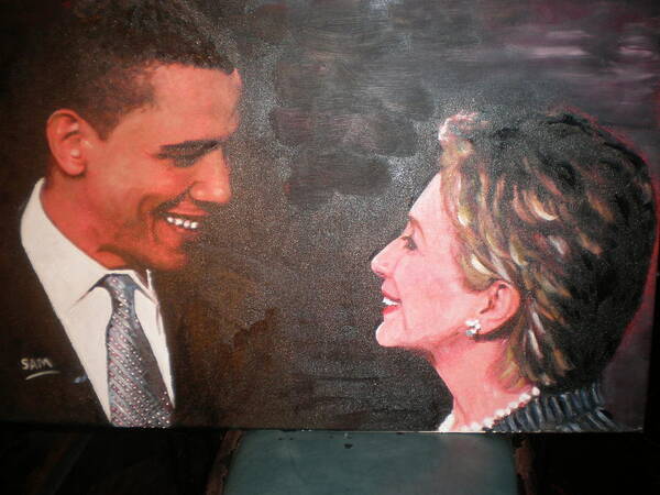 American Poster featuring the painting Obama and Clinton by Sam Shaker