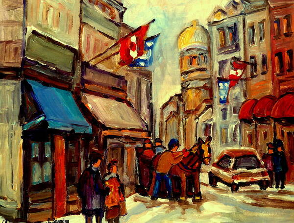 Montreal Poster featuring the painting Old Montreal Rue St Paul Winterscene With Caleche by Carole Spandau