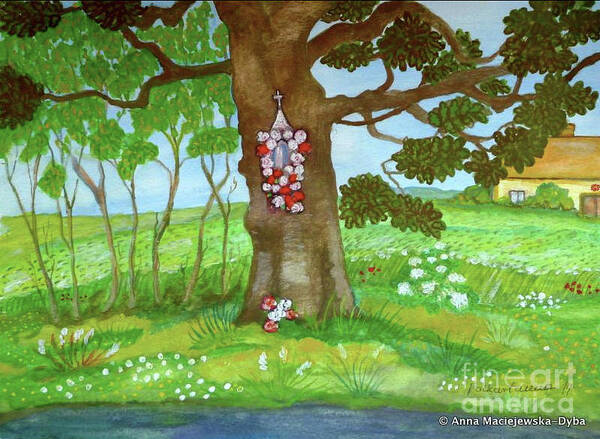 Folk Tradition Poster featuring the painting Old Oak Tree with a Roadside Shrine by Anna Folkartanna Maciejewska-Dyba