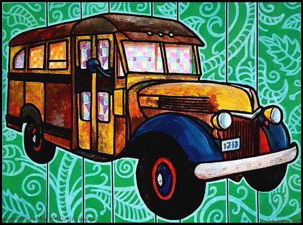Bus Poster featuring the painting Old Rusted School Bus with Quilted Windows by Jim Harris