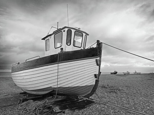 Old Fishing Boat Poster featuring the photograph Old Wooden Fishing Boat in Black and White by Gill Billington