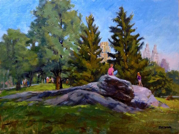 Landscape Poster featuring the painting On the Rocks in Central Park by Peter Salwen