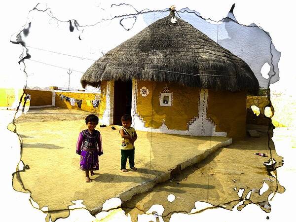 Cowdung Poster featuring the photograph Painted Houses Cowdung Mud Round Huts Kids India Rajasthan 1f by Sue Jacobi
