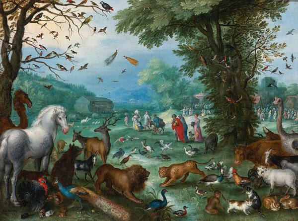 Jan Brueghel The Elder Poster featuring the painting Paradise Landscape with the Animals entering Noah's Ark by Jan Brueghel the Elder