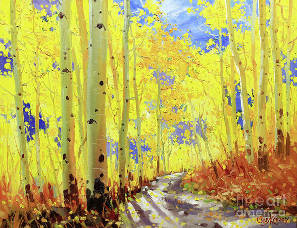 Path Owl Creek Golden Aspen In The Light Aspen Trees Birch Gary Kim Oil Print Art Nature Scenes Healing Patient Santafe Fall Trees Autumn Season Beautiful Beauty Yellow Red Orange Fall Leaves Foliage Autumn Leaf Color Mountain Oil Painting Original Art Horizontal Landscape National Park Morning Nature Wallpaper Outdoor Panoramic Peaceful Scenic Sky Sun Travel Vacation View Season Bright Autumn National Park America Clouds Landscape Natural New Painting Oil Original Vibrant Texture Bluesky Poster featuring the painting Path of Owl Creek by Gary Kim