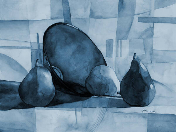 Mono Poster featuring the painting Pears and Blue Bowl in Blue by Hailey E Herrera