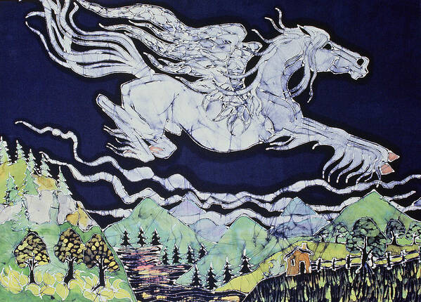 Fantasy Poster featuring the tapestry - textile Pegasus Flying Over Stream by Carol Law Conklin