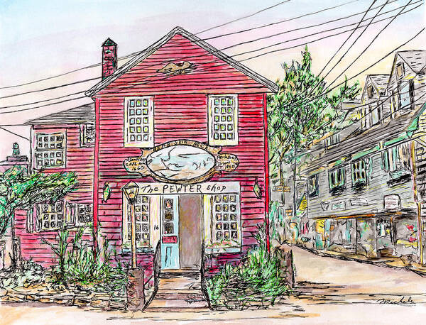 Pen Poster featuring the drawing Pewter Shop, Rockport Massachusetts by Michele A Loftus