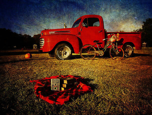 Red Ford Trucks Poster featuring the photograph Picnic time 2 by Toni Hopper