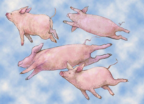 Pigs Poster featuring the mixed media Pigs Fly by Peggy Wilson