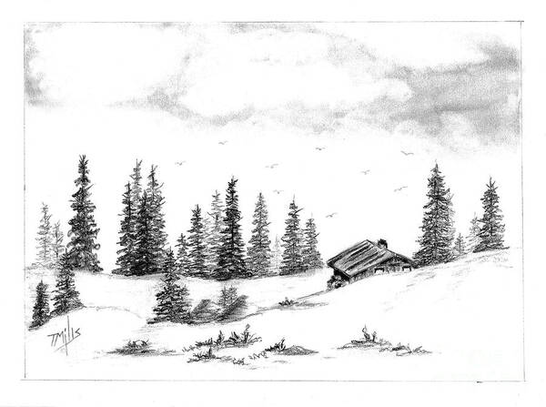 Pine Poster featuring the drawing Pinetree Cabin by Terri Mills