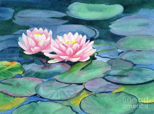 Pink Poster featuring the painting Pink Water Lilies with Colorful Pads by Sharon Freeman