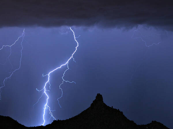 Pinnacle Peak; North Scottsdale; Arizona; Phoenix; Desert; Lightning; Storms; Striking; Bolts; Landscapes; Nature; Stock Images; Wall Art; Photography; Weather; Sky; Skyscape; Tmed Exposure; Posters; Canvas Prints; Canvas Art; Striking-photography.co Poster featuring the photograph Pinnacle Peak Lightning by James BO Insogna