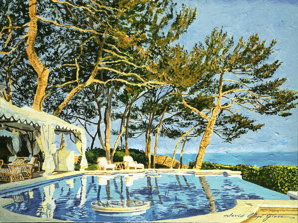Swimming Pool Poster featuring the painting Poolside Sunset - Monaco by David Lloyd Glover
