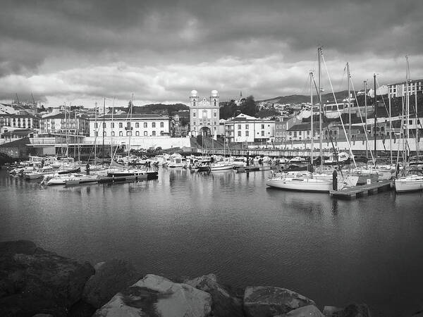 Kelly Hazel Poster featuring the photograph Port of Angra do Heroismo, Terceira Island, The Azores in Black and White by Kelly Hazel