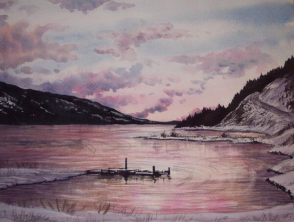 Lake Sunset Water Winter Landscape Dock Poster featuring the painting Rainbow Lodge Bay by Lynne Haines