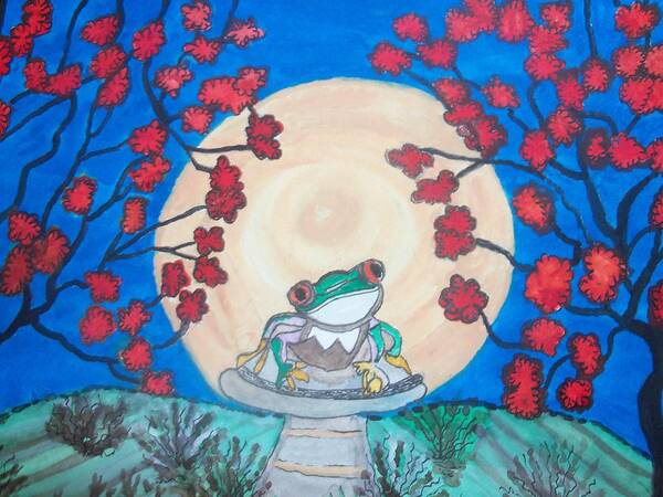 Red Eyed Frog In The Moon Poster featuring the painting Red Eyed Frog Singing To The Moon by Connie Valasco