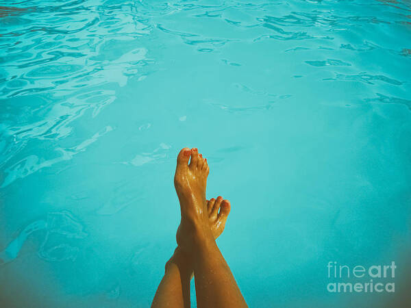 Barefoot Poster featuring the photograph Retro Young Girl Relaxing Her Feet At Swimming Pool by Radu Bercan