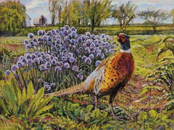 Pheasant Poster featuring the painting Rooster Pheasant in the Garden by Steve Spencer