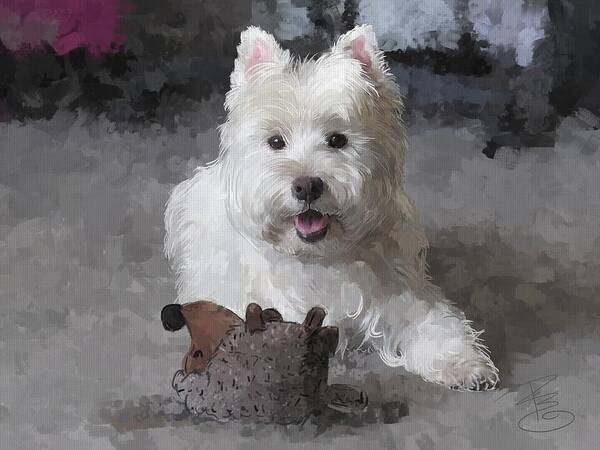 Dog Poster featuring the digital art Rose with a new toy by Debra Baldwin