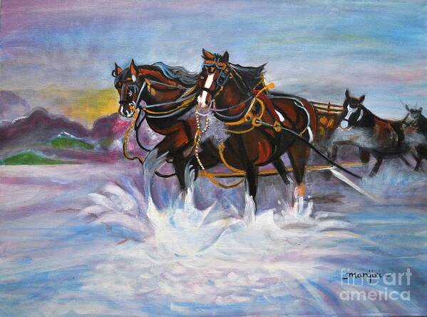 Beach Gallop Horses Equestrian Carriage Run Blue Sea Seaside Mountains Splash Sunset Sunrise Clouds Poster featuring the painting Running Horses- Beach gallop by Manjiri Kanvinde