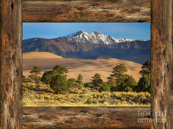 Windows Poster featuring the photograph Rustic Wood Window Colorado Great Sand Dunes View by James BO Insogna
