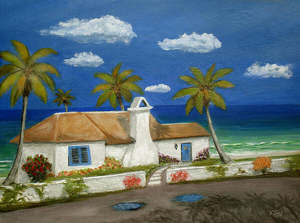 Tropical Beach Cottage Florida Home Seascape Coastal Ocean Palm Trees Caribbean Gordon Beck Art Poster featuring the painting Sandy Point by Gordon Beck