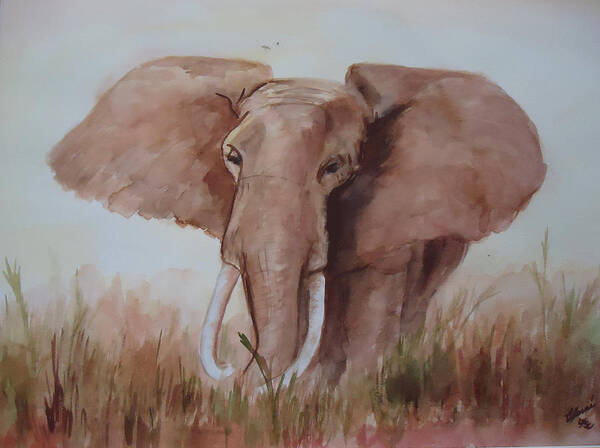 A Large African Elephant In The Middle Of The Savannah.  African Elephant Poster featuring the painting Savannah Queen by Charme Curtin