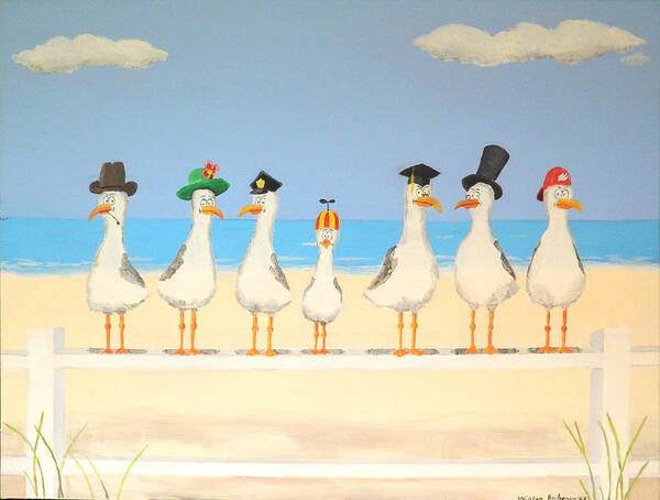 Seagulls With Hats Poster featuring the painting Seagulls with Hats by Winton Bochanowicz